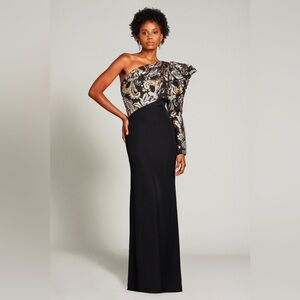 Tadashi Shoji Selim One-Shoulder‎ Puff Sleeve Black & Metallic Jacquard Gown